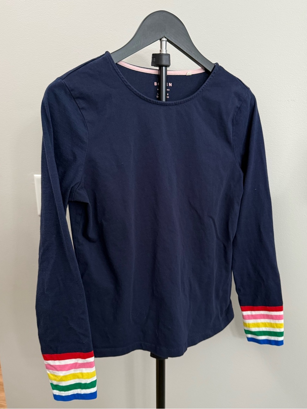 Boden Navy Long-Sleeve Tee with Rainbow Stripe Cuffs